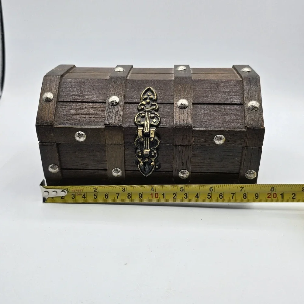 Wooden Pirate Style Jewelry Box Velvet Lined Removable Tray Vtg